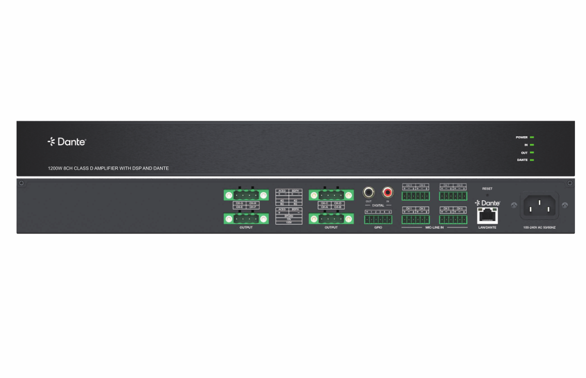 dante 8ch 1200w 600w class d amplifier with dsp and dante