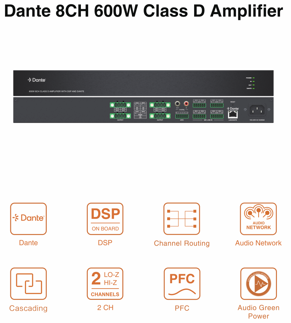 dante 8ch 1200w 600w class d amplifier with dsp and dante