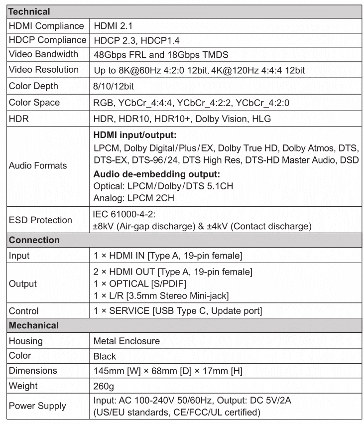 48gbps 8k60hz 2.1 hdr hdmi splitter 1x2 1x4 1x8 4k120hz with audio de embedded