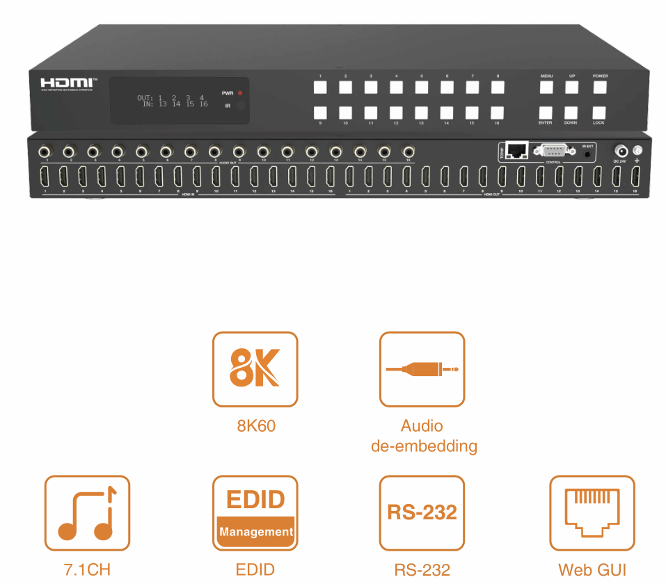 8k60hz 48gbps 16x16 hdmi matrix switcher with audio deembedding,edid,rs232,webgui