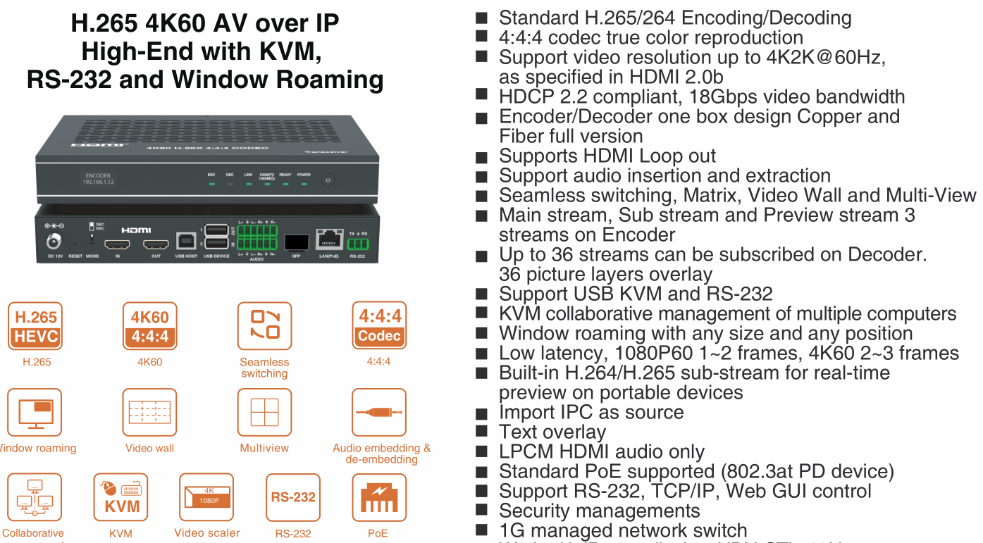 new h.265 avoip 4k60 4:4:4 transceiver with kvm, rs232,wondow roaming for led/lcd video wall display,pip,multiview